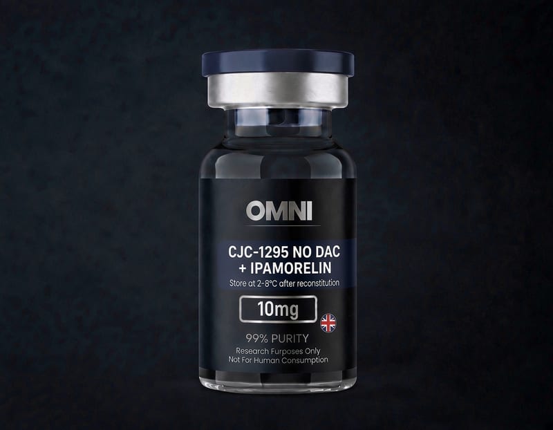 CJC-1295 no DAC and Ipamorelin 10mg blend research peptide vial — research grade, laboratory use only